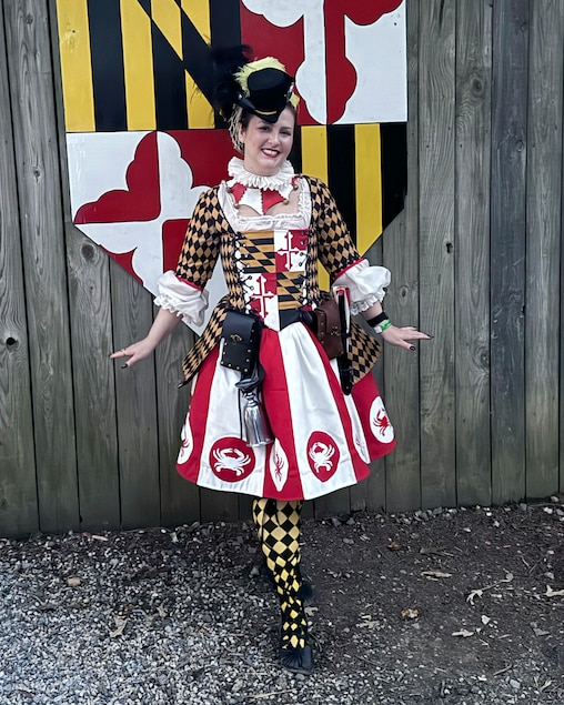 Natalie Hanrion incorporated some feedback she received online to make her second Maryland flag-themed costume in 2024, this time a jester. She also added some crab imagery to the skirts.