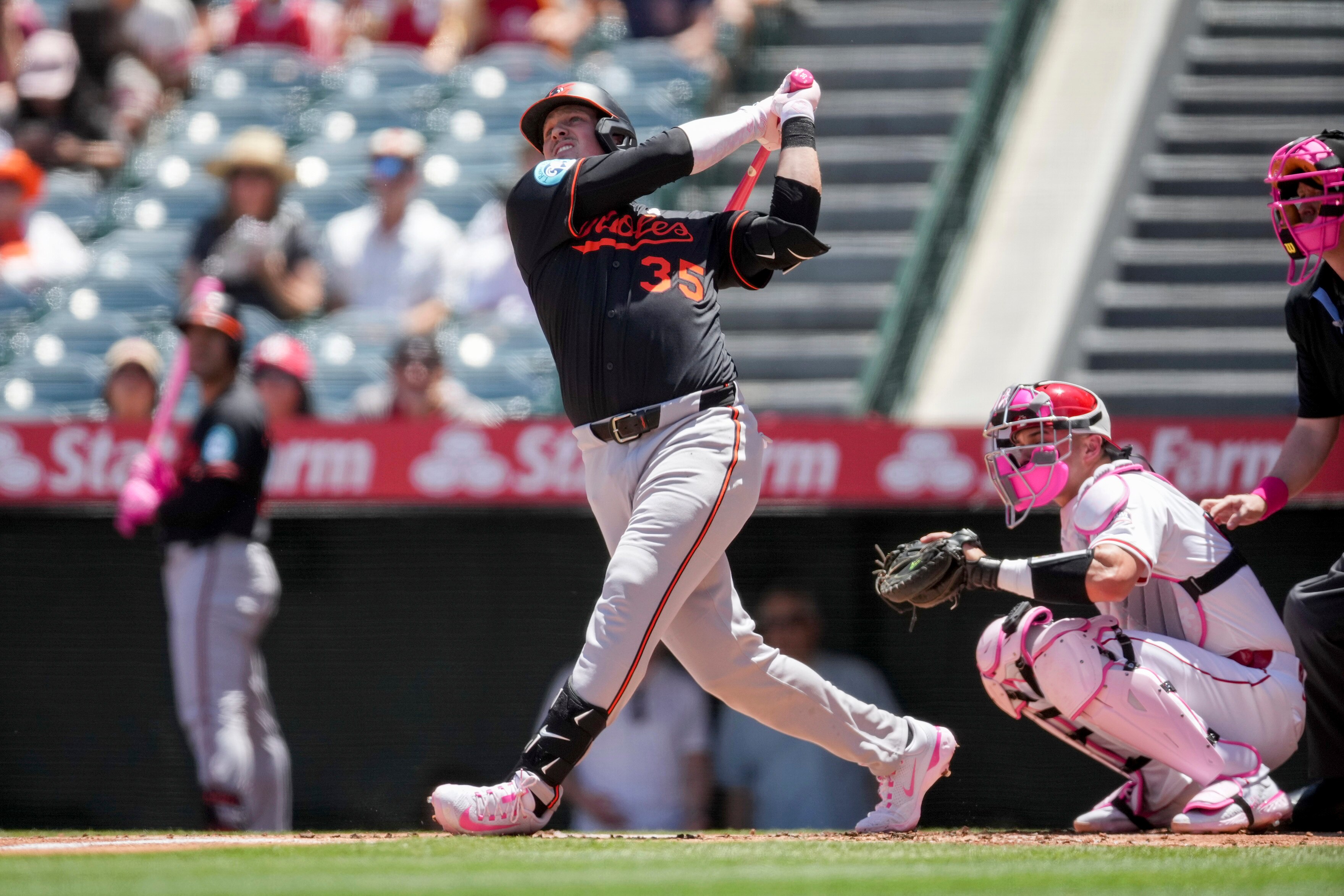 Adley Rutschman connects with a pitch during the first inning against the Los Angeles Angels on May 11.