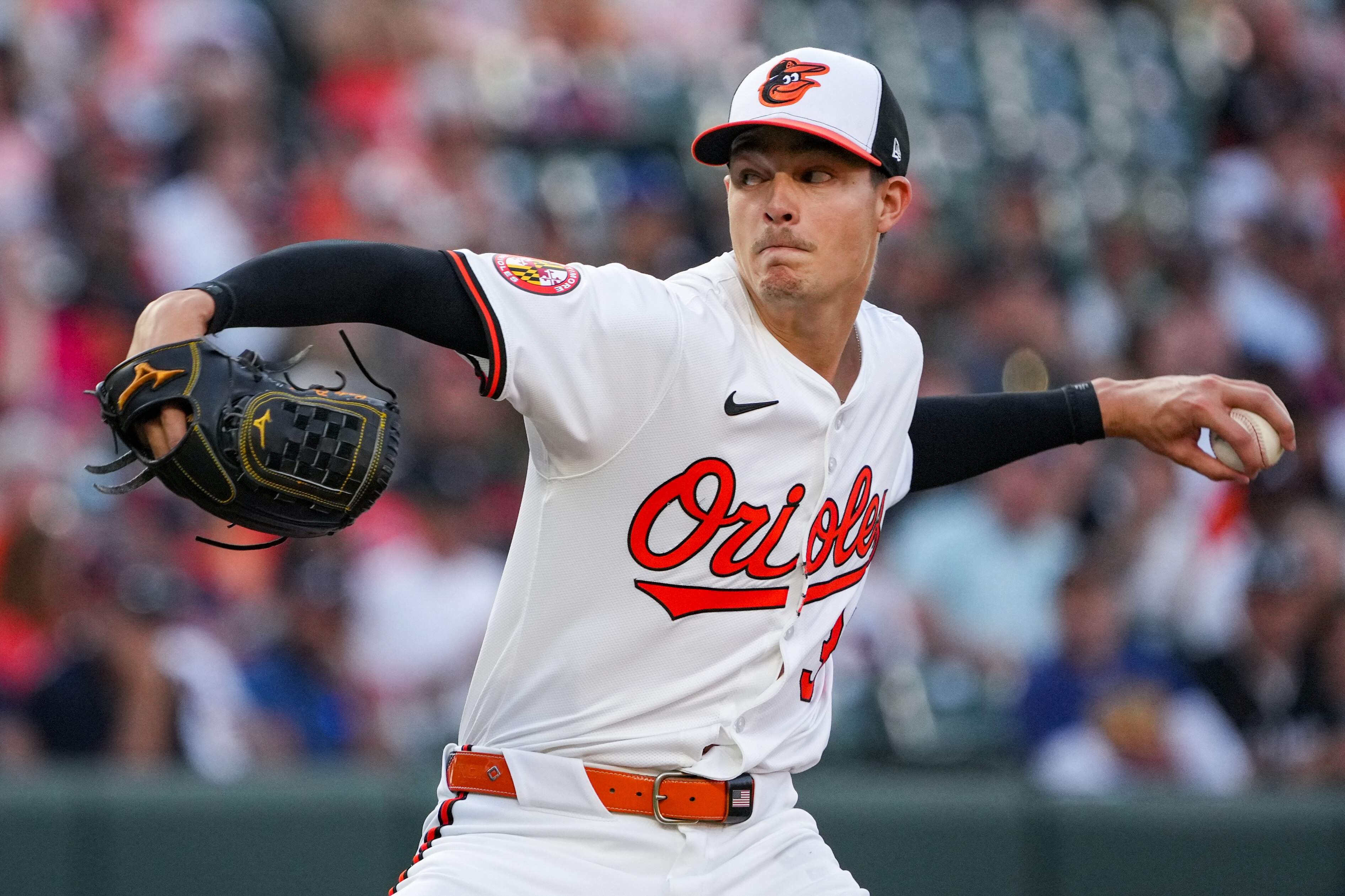 Baltimore Orioles pitcher Cade Povich (37) delivers a pitch during Game 2 of a series against the Atlanta Braves at Camden Yards on June 12, 2024.