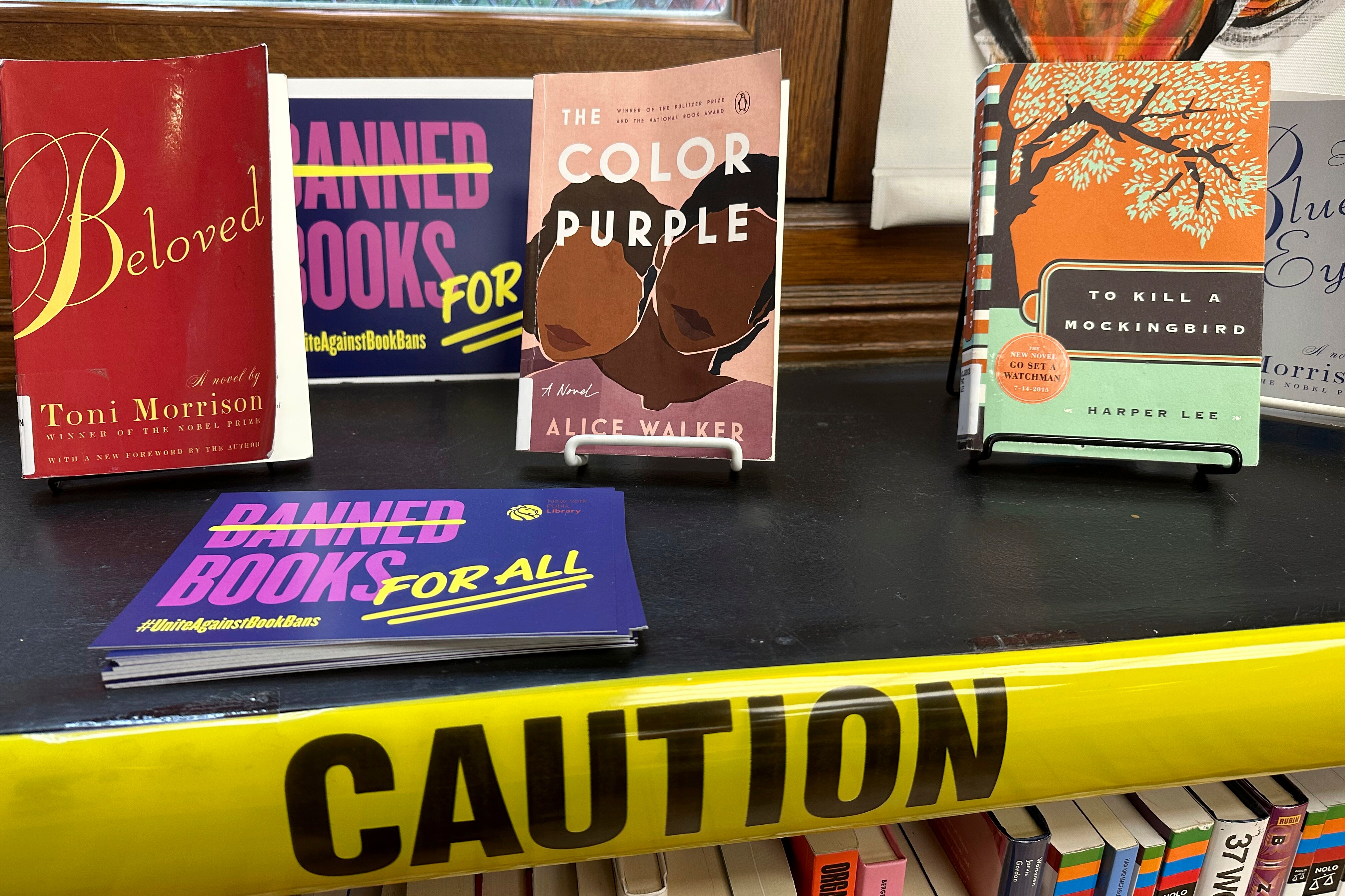 Commonly banned books are displayed at the New York Public Library.