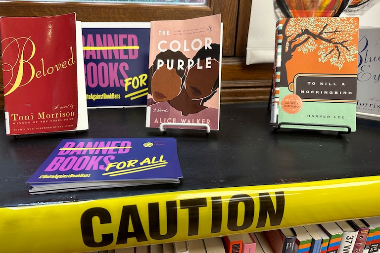 Commonly banned books are displayed at the New York Public Library.