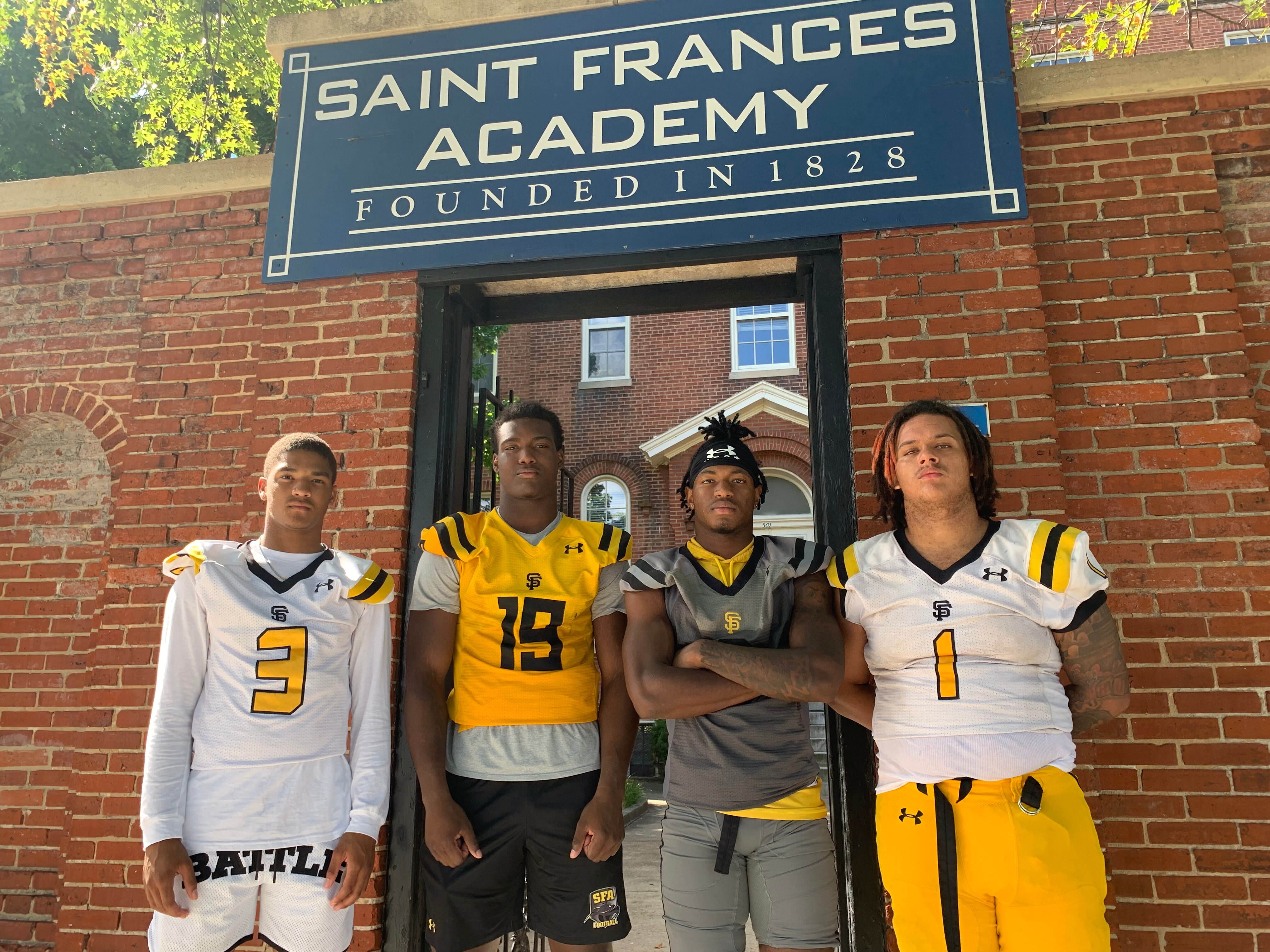 St. Frances, with Michael Van Buren (left), Dashawn Womack, Durrell Robinson and Isaiah Neal, played football contests in five different states to start its season. The area's top-ranked team will play first local contest Friday evening at Arundel.
