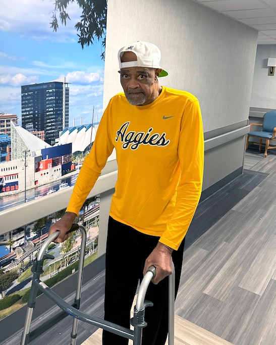 Charles Marks wearing an Aggies shirt to represent his grandson Jason Murphy's school, North Carolina A&T State.