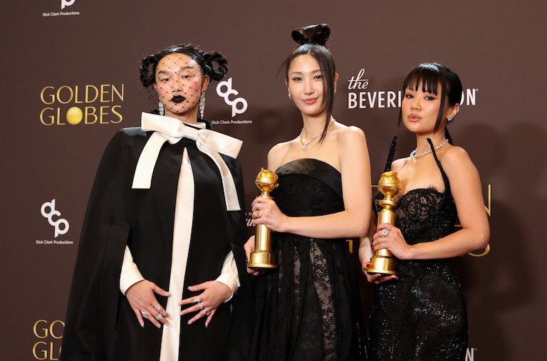 BEVERLY HILLS, CALIFORNIA - JANUARY 11: (FOR EDITORIAL USE ONLY) (L-R) Audrey Nuna, EJAE and Rei Ami, winners of the Best Original Song - Motion Picture for "Golden" from "KPop Demon Hunters," pose in the press room during the 83rd Annual Golden Globe Awards at The Beverly Hilton on January 11, 2026 in Beverly Hills, California. (Photo by Amy Sussman/Getty Images)