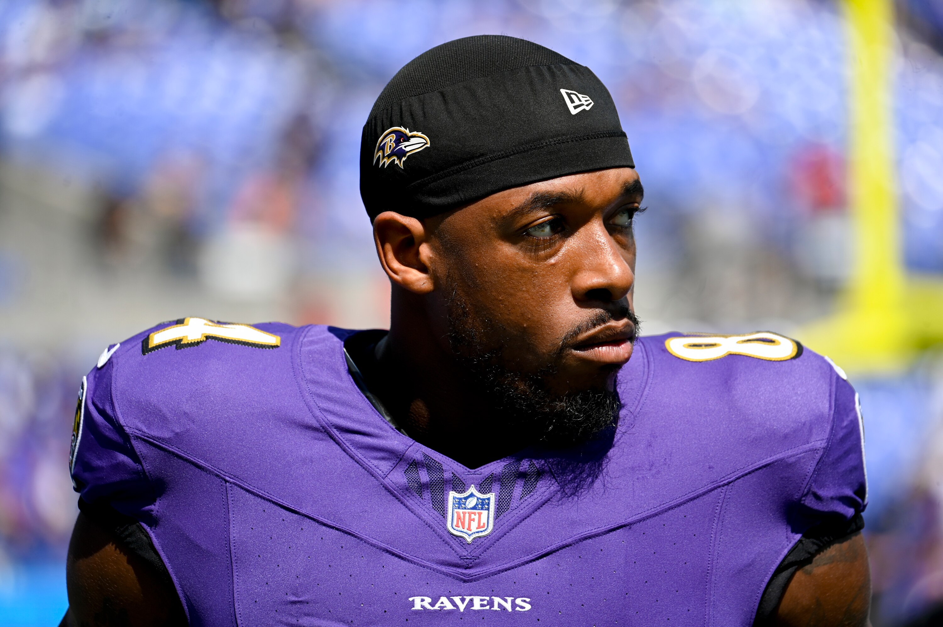 Sept. 14, 2025 - Baltimore Ravens tight end Zaire Mitchell-Paden (84) warms up at M&T Bank Stadium ahead of the matchup with the Cleveland Browns at the Ravens home opener on Sunday, Sept. 14, 2025.
