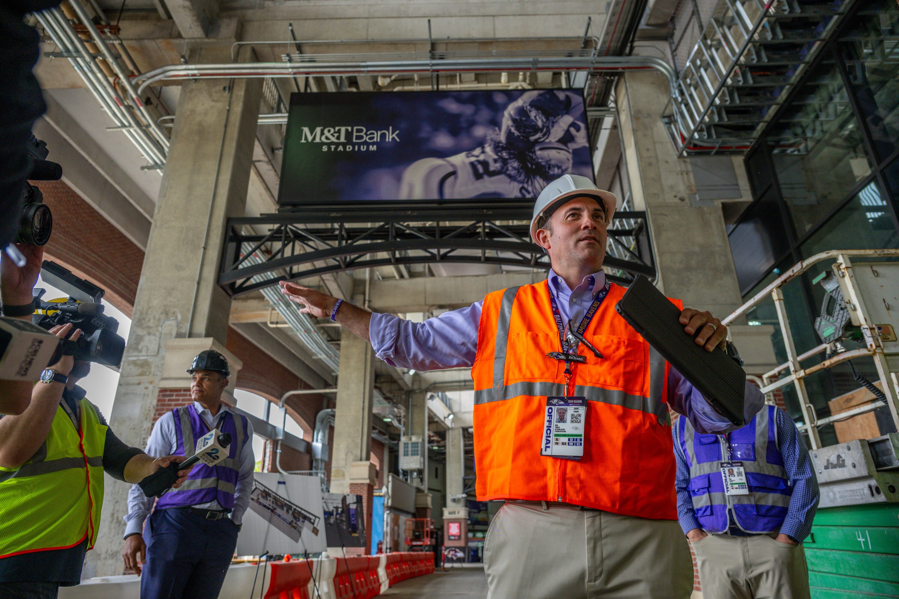 Ravens Rich Tamayo, Senior VP of Stadium Operations and Guest Experience, conducts a tour of the new M&T Bank Stadium improvements underway for the 2025 and 2026 seasons.