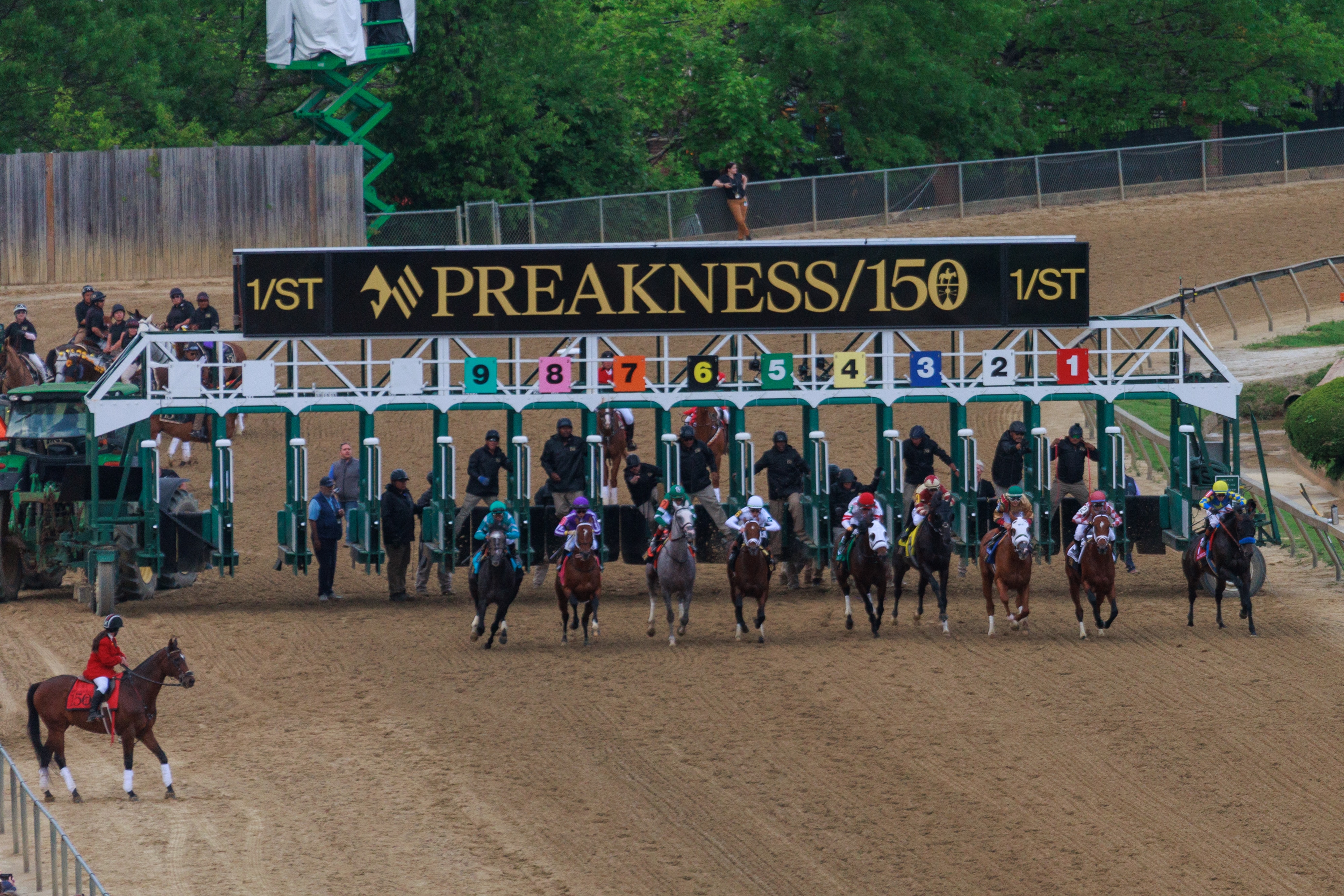 Horses take off from the gate for The Preakness Stakes at Pimlico Race Course on Saturday, May 17, 2025, in Baltimore.