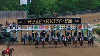 Horses take off from the gate for The Preakness Stakes at Pimlico Race Course on Saturday, May 17, 2025, in Baltimore.