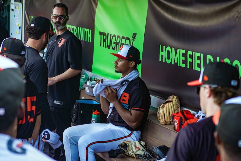 Anthony Eyanson, shown in the dugout during his debut with the Chesapeake Baysox, was the centerpiece of the Adley Rutschman trade.
