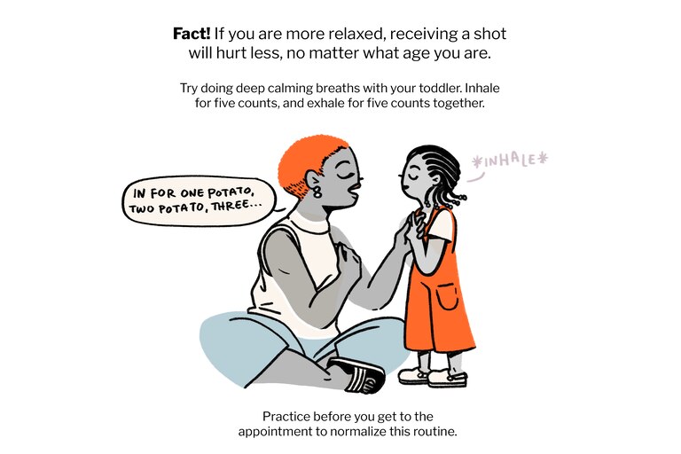 Try deep calming breaths with your toddler so they are relaxed when they receive the vaccine. Inhale for five counts, exhale for five counts.