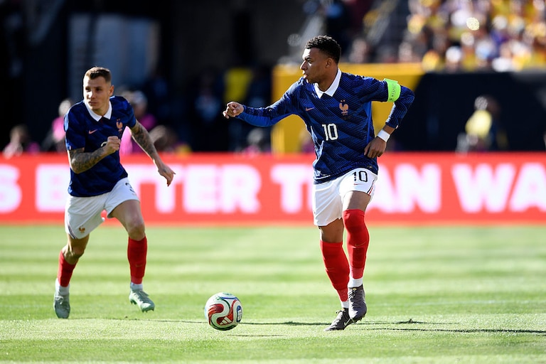Kylian Mbappé of France controls the ball during the international friendly match between Colombia and France at Northwest Stadium in Landover, Maryland on March 29.