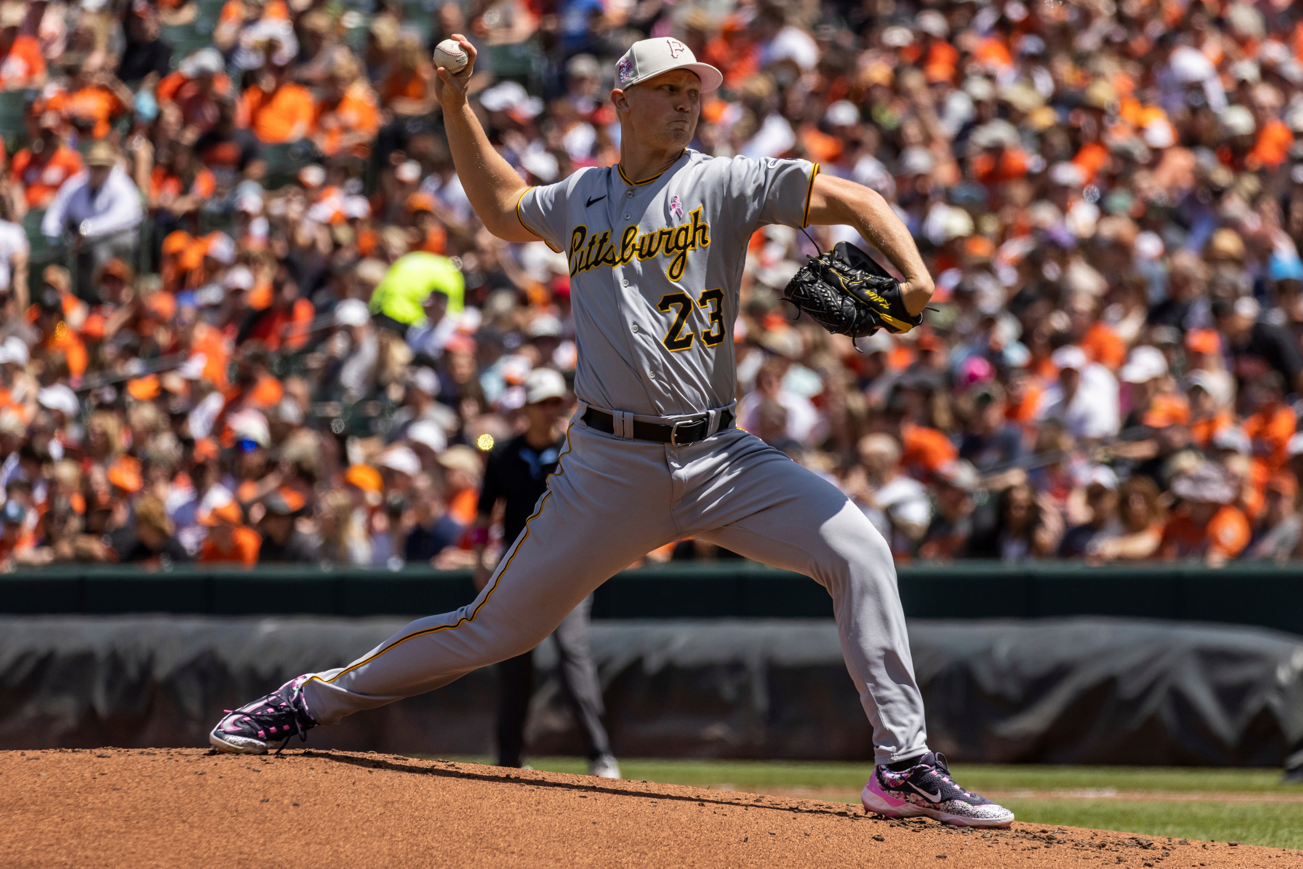 Pittsburgh Pirates starting pitcher Mitch Keller (23) throws during the first inning of a baseball game against the Baltimore Orioles, Sunday, May 14, 2023, in Baltimore. AP Photo/Julia Nikhinson)