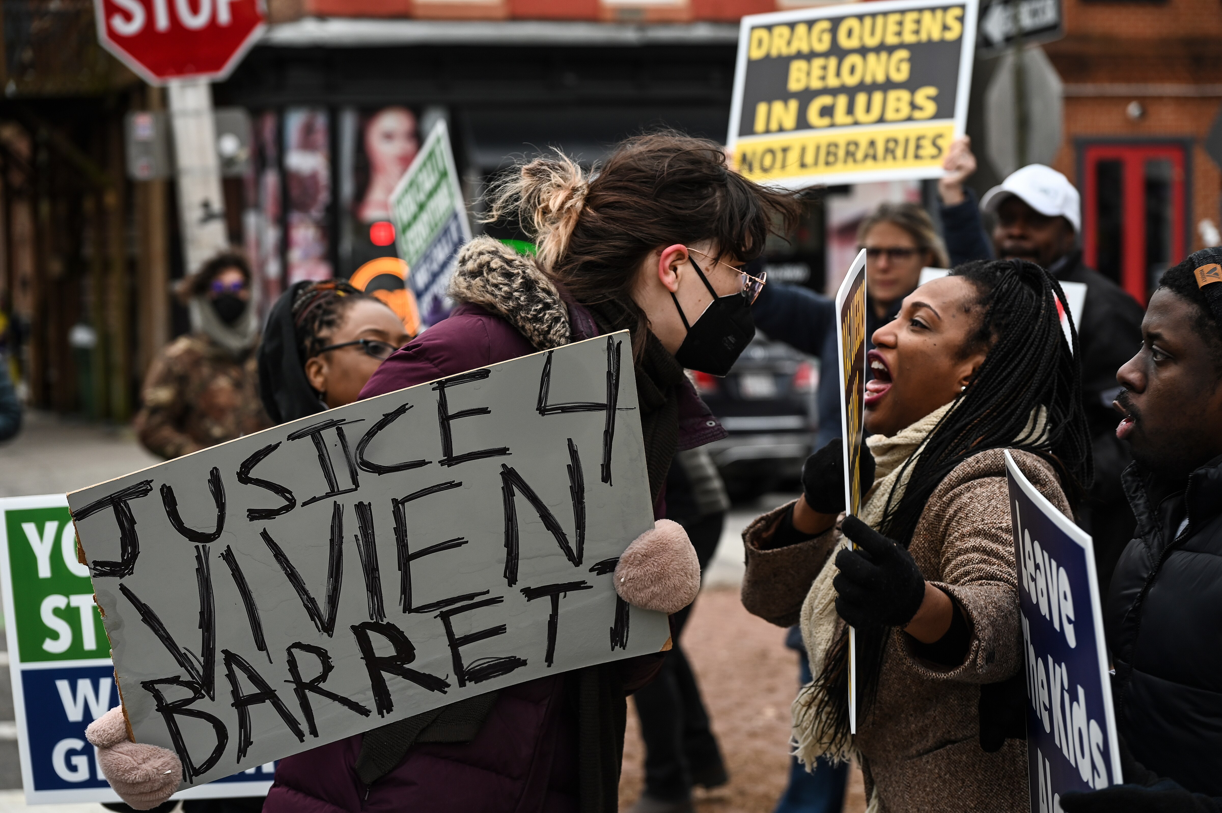 Drag protesters and counter protesters clashed at The Church on the Square where a drag reading hour was being held