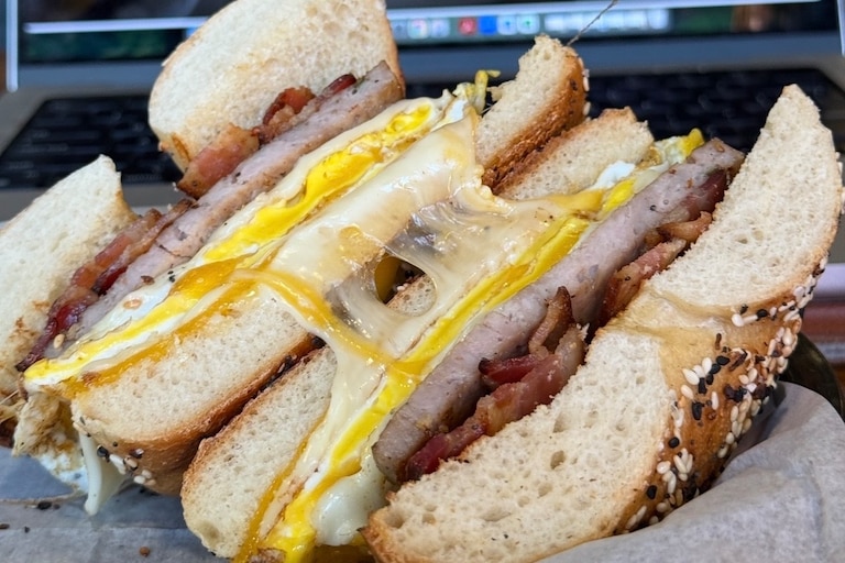 An everything bagel with bacon, egg, cheese and ham from Good Boy Bagels.