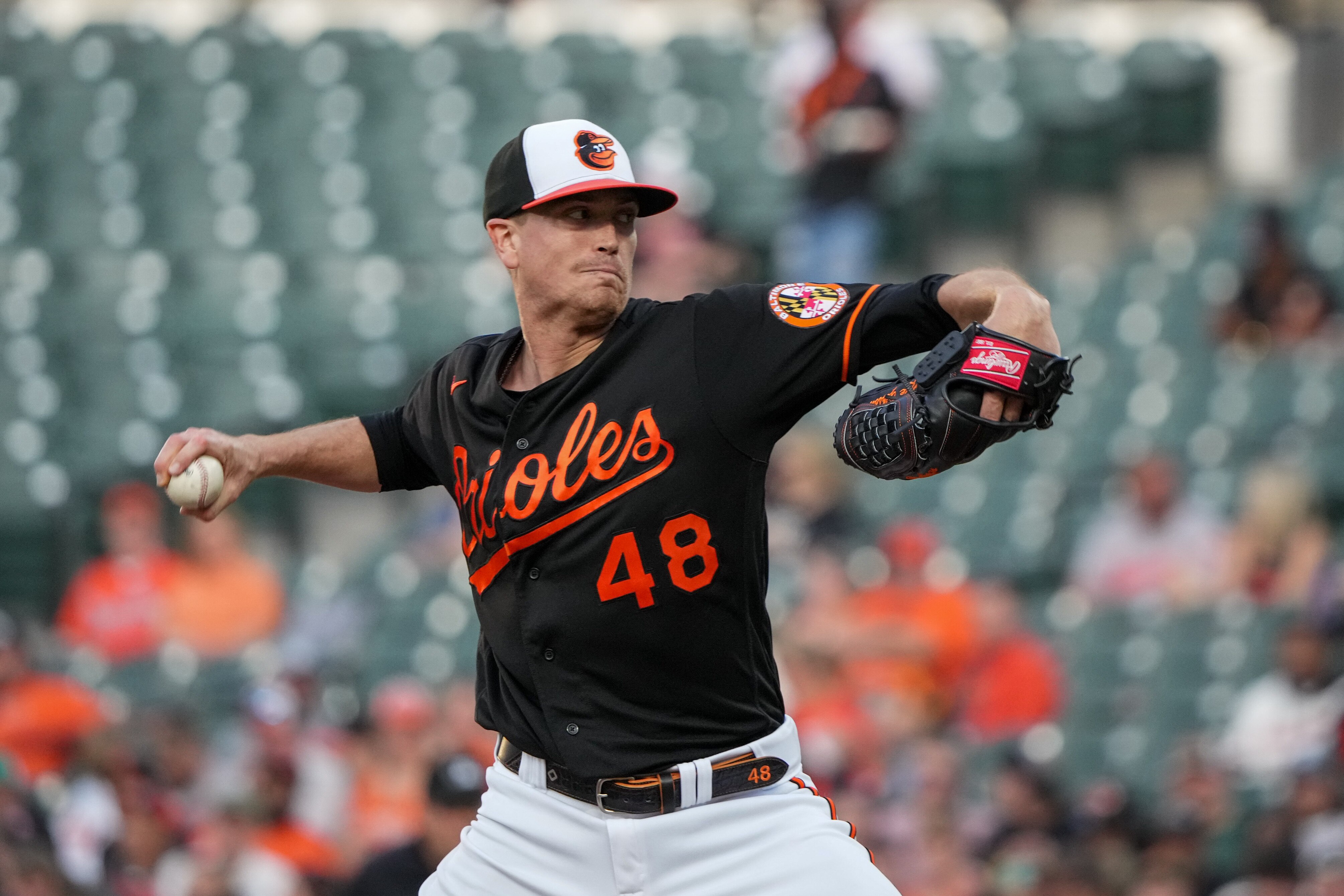 Baltimore Orioles starting pitcher Kyle Gibson (48) pitches in a game against the Tampa Bay Rays in Baltimore on Monday, May 8. The Rays and Orioles played the first game of a series on Monday.