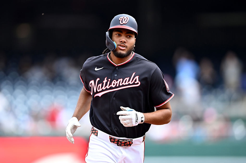 Washington Nationals right fielder James Wood rounds the bases after hitting a home run in the first inning.