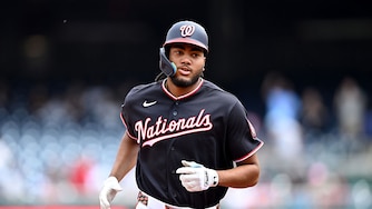 Washington Nationals right fielder James Wood rounds the bases after hitting a home run in the first inning.