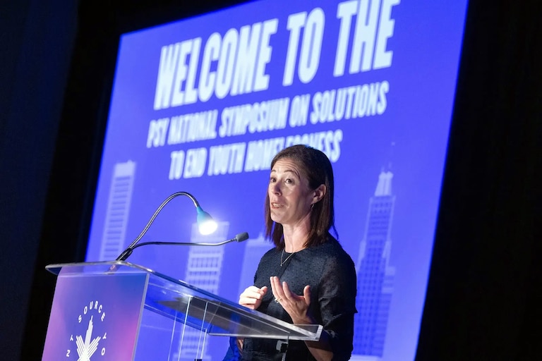 Thread cofounder Sarah Hemminger speaks at The 2025 National Symposium on Solutions to End Youth Homelessness at the Hilton Baltimore Inner Harbor in Baltimore last year.