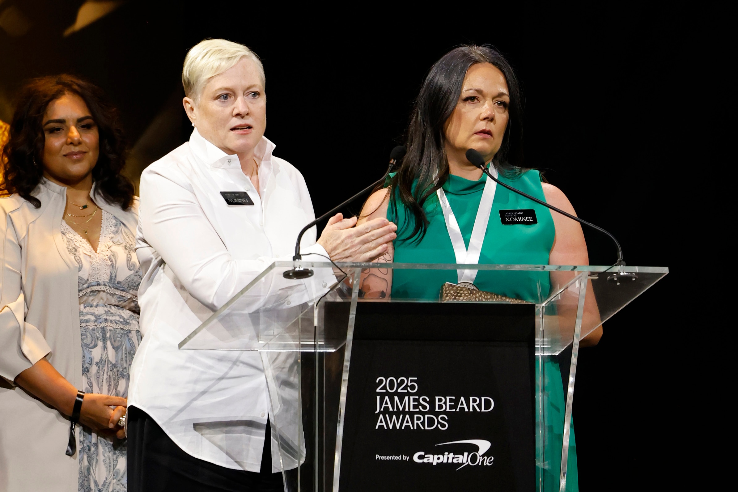CHICAGO, ILLINOIS - JUNE 16: (L-R) Cindy Wolf and Lindsay Willey winners of the Outstanding Wine and Other Beverages award speak on stage during the 2025 James Beard Restaurant and Chef Awards on June 16, 2025 in Chicago, Illinois.