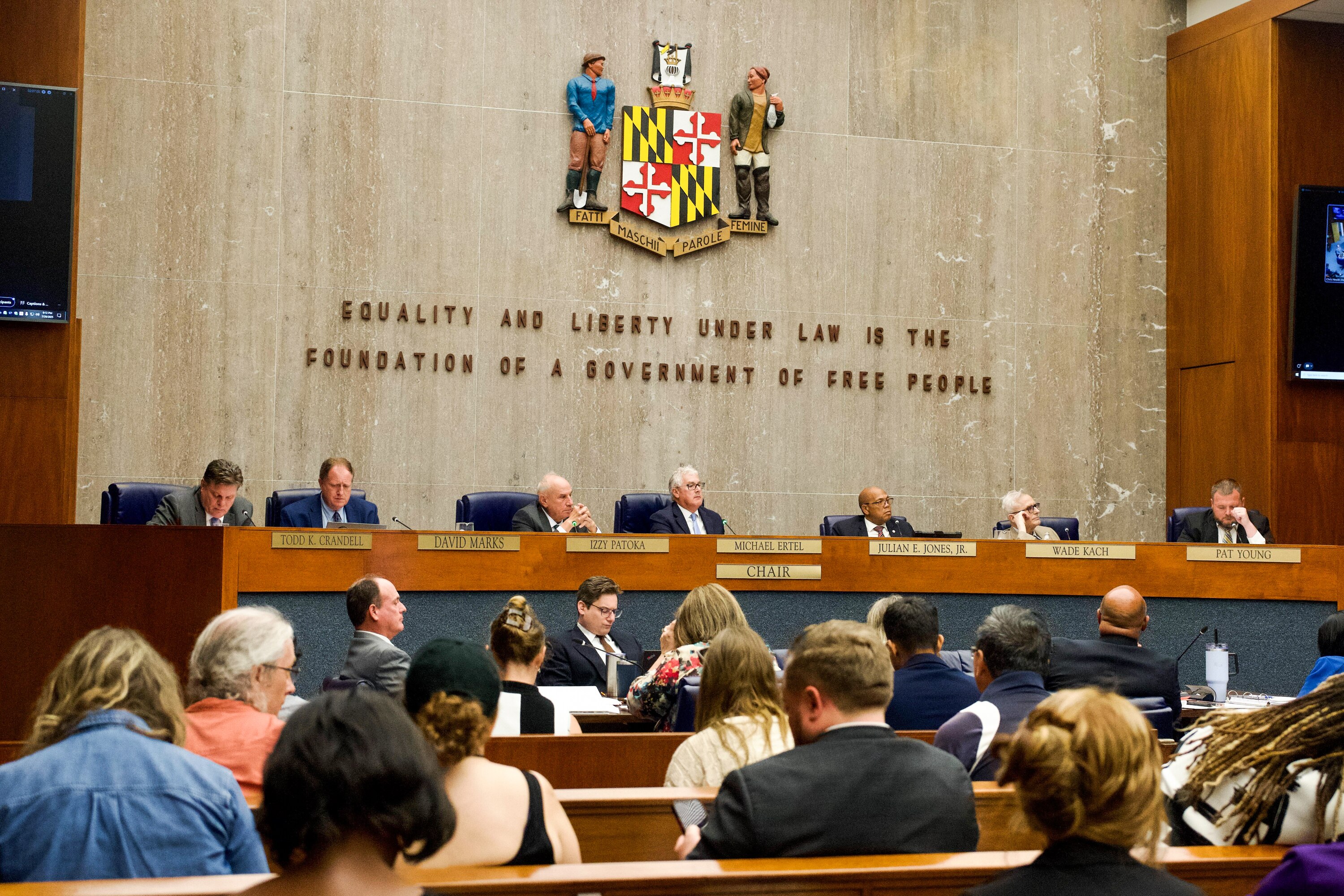 Baltimore County Seventh District Councilman Todd Crandell, left, at a Baltimore County Council work session at the Old Baltimore County Courthouse in Towson on July 29, 2025.