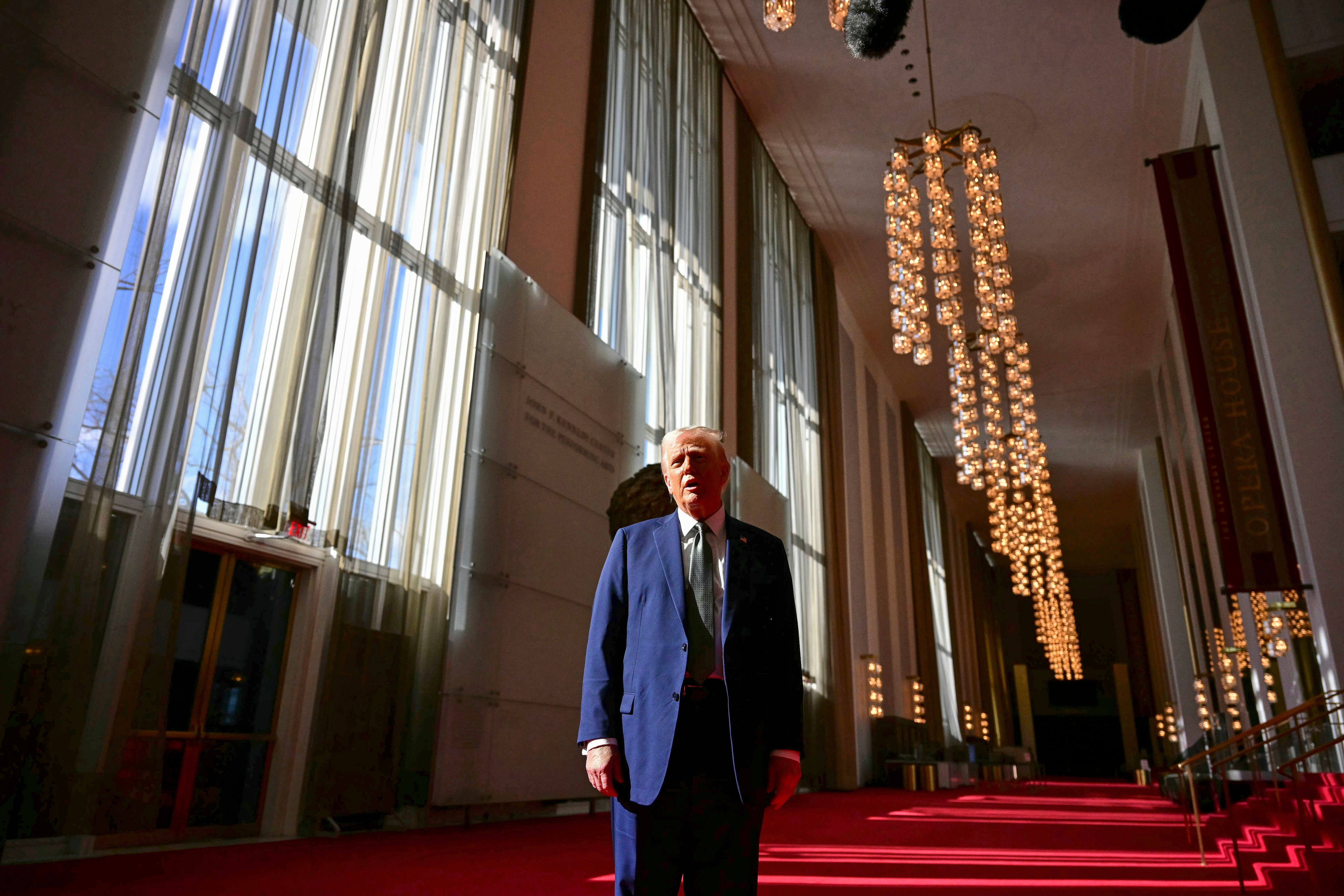 President Donald Trump tours the John F. Kennedy Center for the Performing Arts in Washington, Monday, March 17, 2025.
