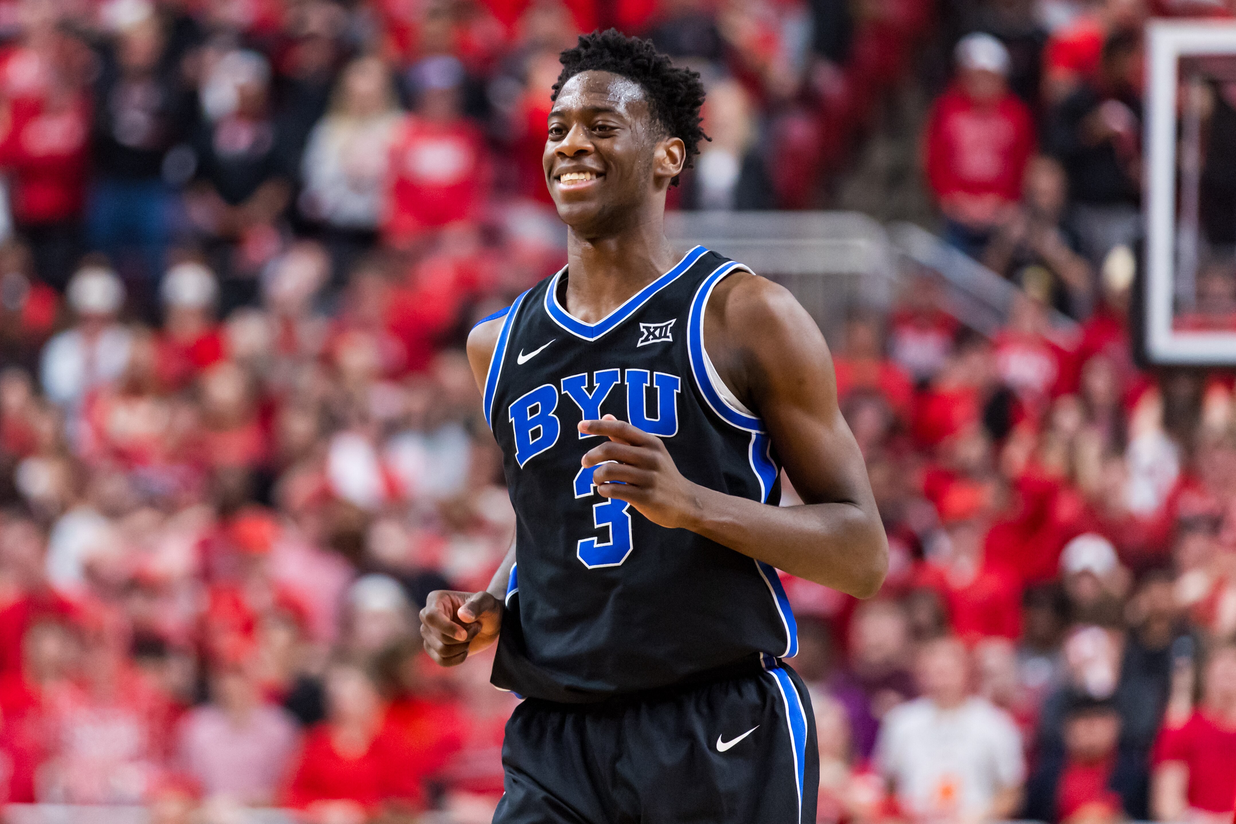 AJ Dybantsa #3 of the BYU Cougars runs across the court during the first half of a game against the Texas Tech Red Raiders at United Supermarkets Arena in January in Lubbock, Texas. 