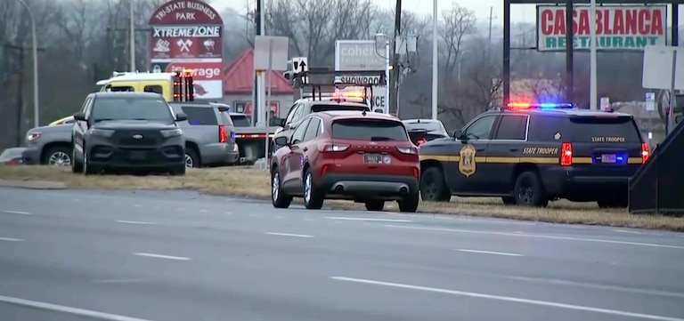 A screenshot from video shows New Castle, Delaware where a state trooper and suspect were killed in a shooting at a Delaware DMV on Tuesday, December 23, 2025.