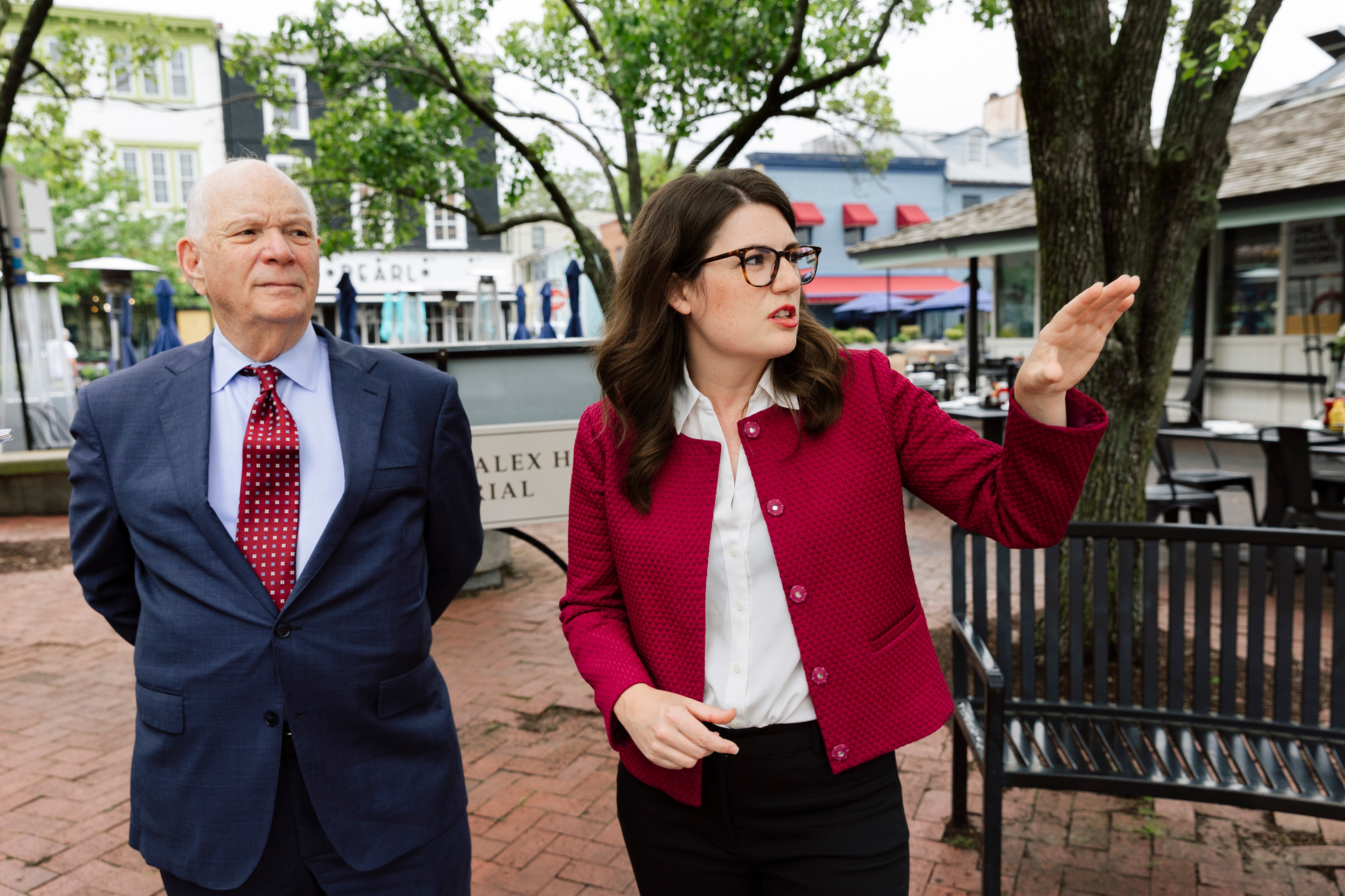U.S. Sen. Ben Cardin (D-Md.) and state Sen. Sarah Elfreth (D-Anne Arundel) speak about flood risks to the waterfront area outside of the Annapolis Market House on Monday, May 6, 2024 in Annapolis.