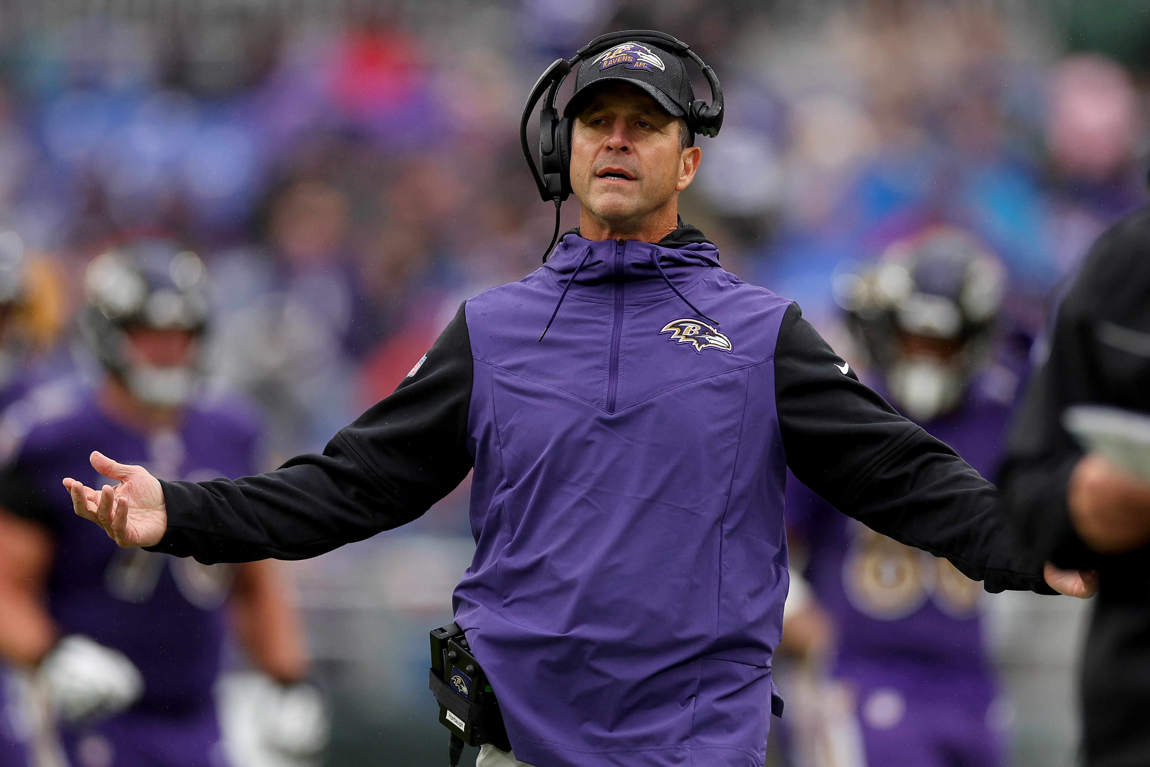 Head coach John Harbaugh of the Baltimore Ravens reacts in the second quarter against the Buffalo Bills at M&T Bank Stadium on October 02, 2022 in Baltimore, Maryland.