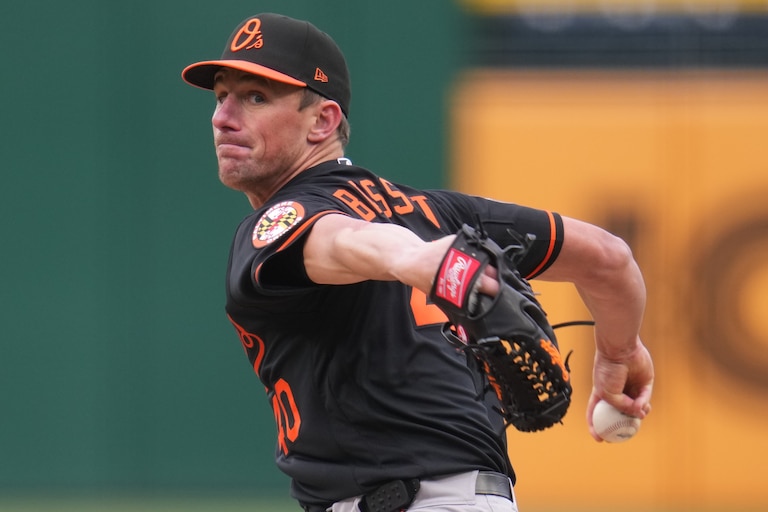 Baltimore Orioles pitcher Chris Bassitt delivers during the first inning of a baseball game against the Pittsburgh Pirates in Pittsburgh, Sunday, April 5, 2026.