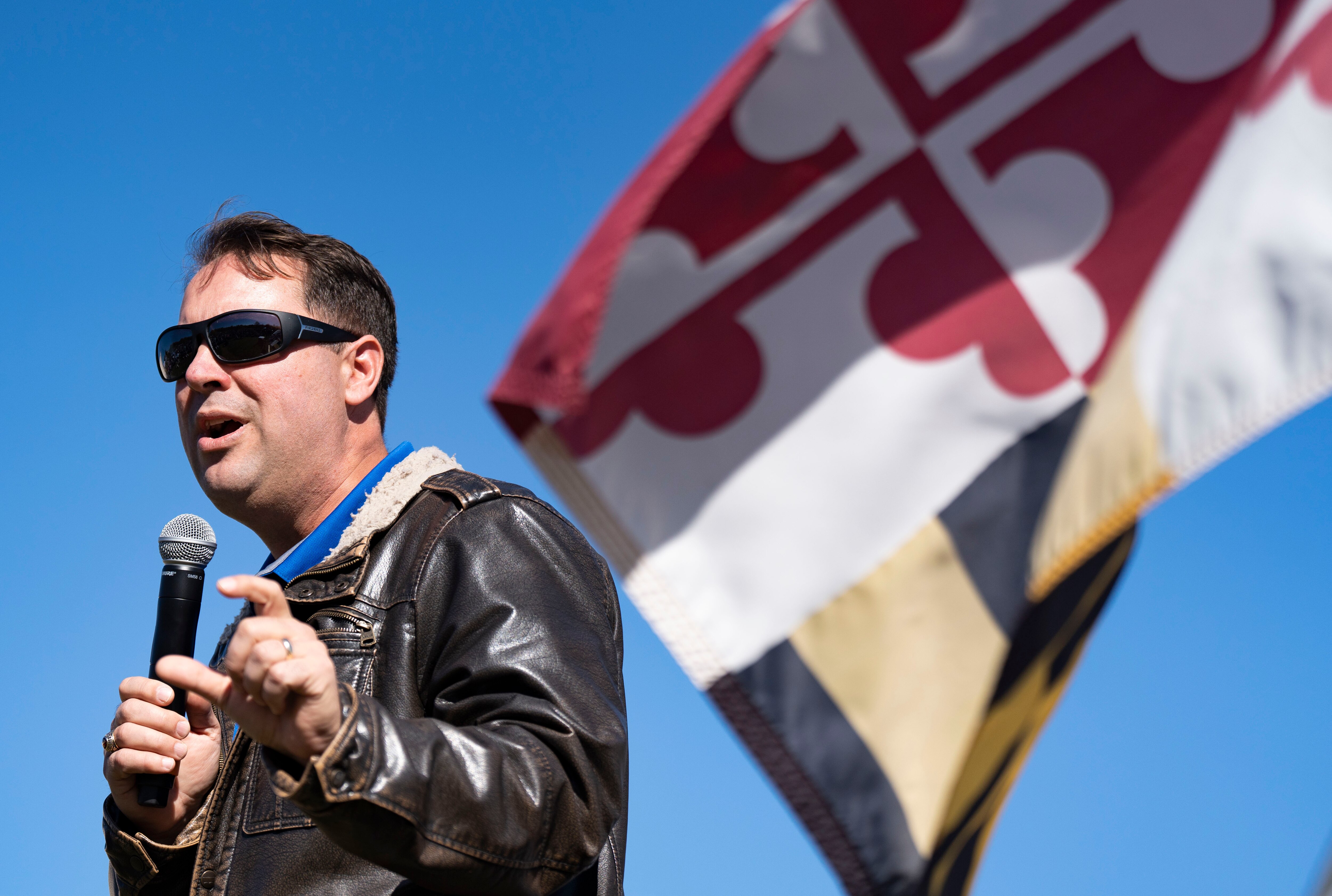 Dan Cox, the Republican nominee for Maryland governor, speaks during The Freedom Rally in Owings Mills, Saturday, October 29, 2022.