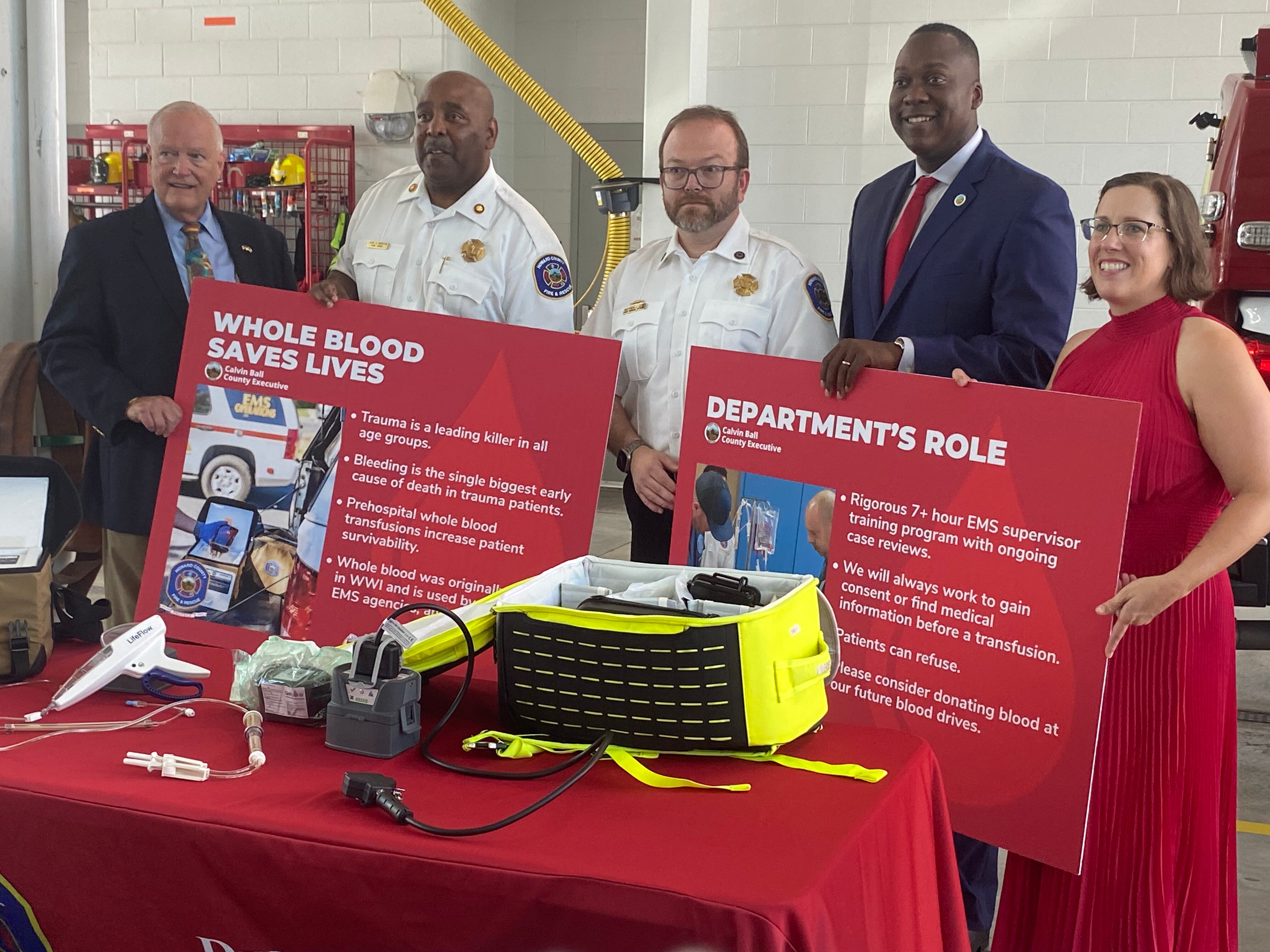 County Executive Calvin Ball, flanked by county EMS and state officials, announced that some emergency vehicles will begin carrying whole blood for transfusing into trauma victims in the field.