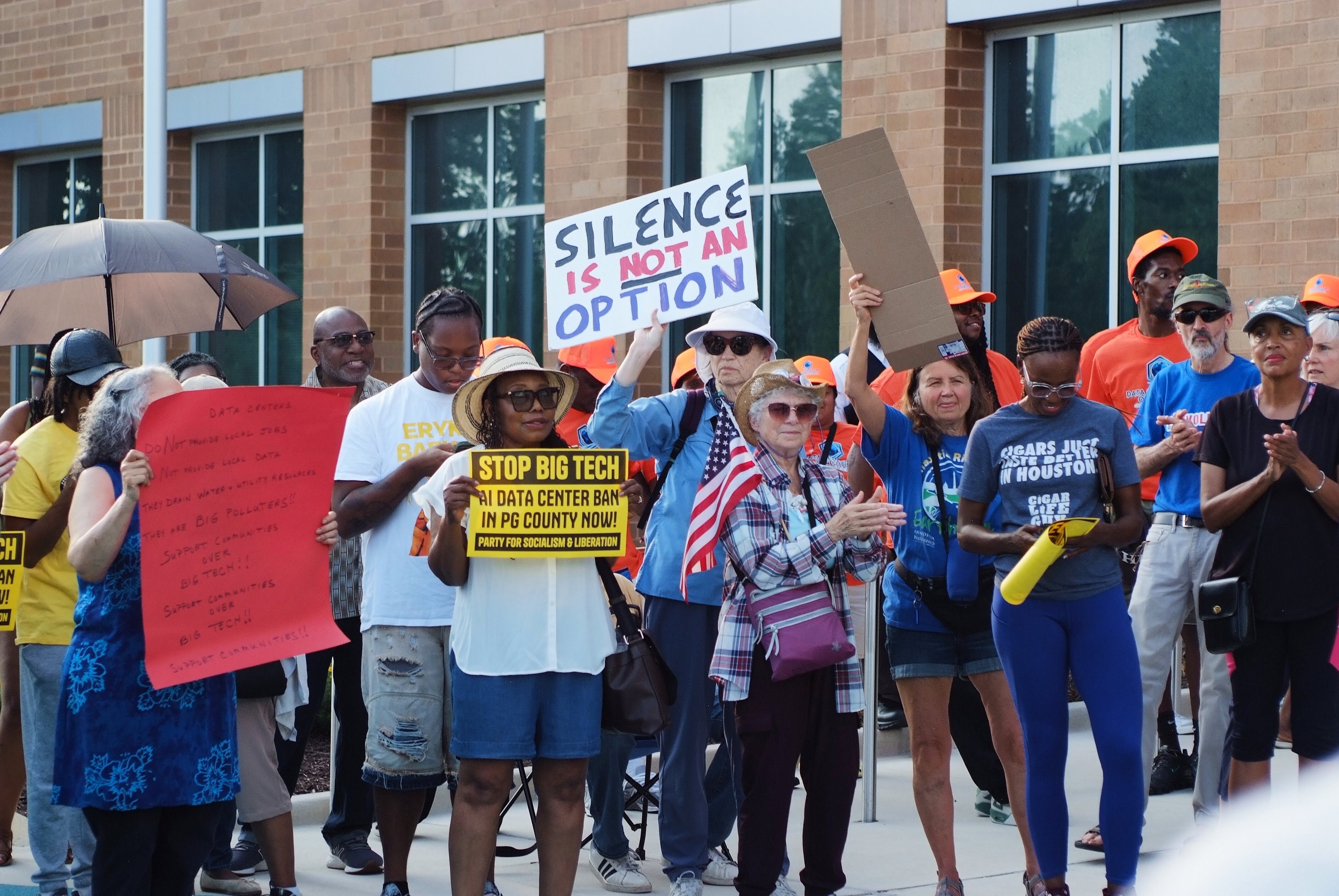 Prince George’s County residents protest against data centers outside of the Wayne K. Curry Administration Building in Largo on July 1.