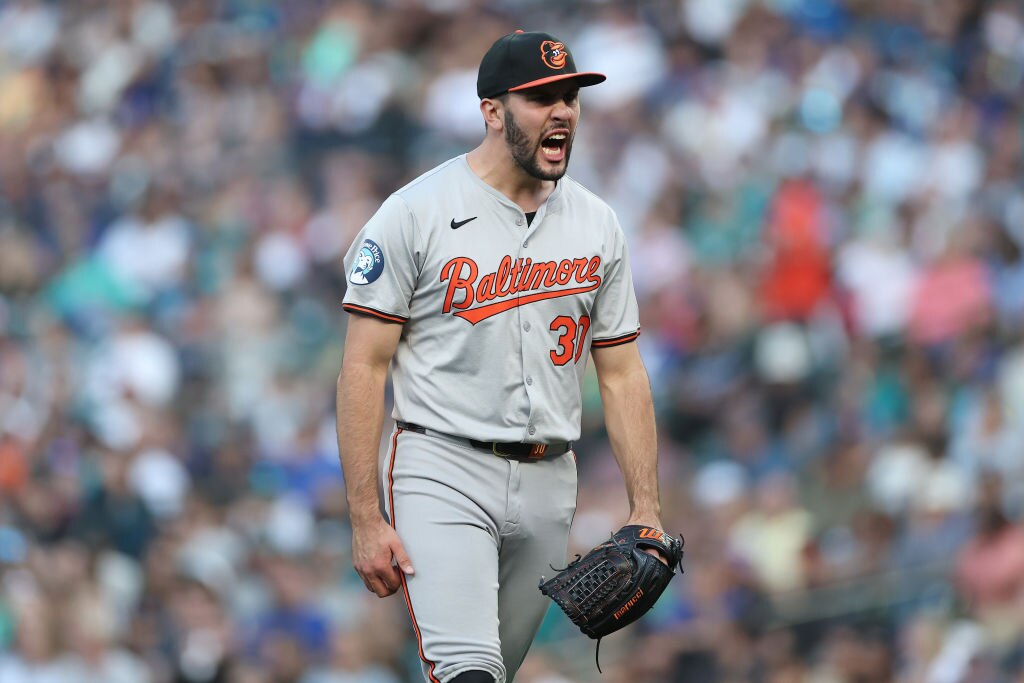 Grayson Rodriguez, #30 of the Baltimore Orioles, reacts after a strikeout during the sixth inning against the Seattle Mariners at T-Mobile Park on July 2, 2024 in Seattle, Washington. (Photo by Steph Chambers/Getty Images)