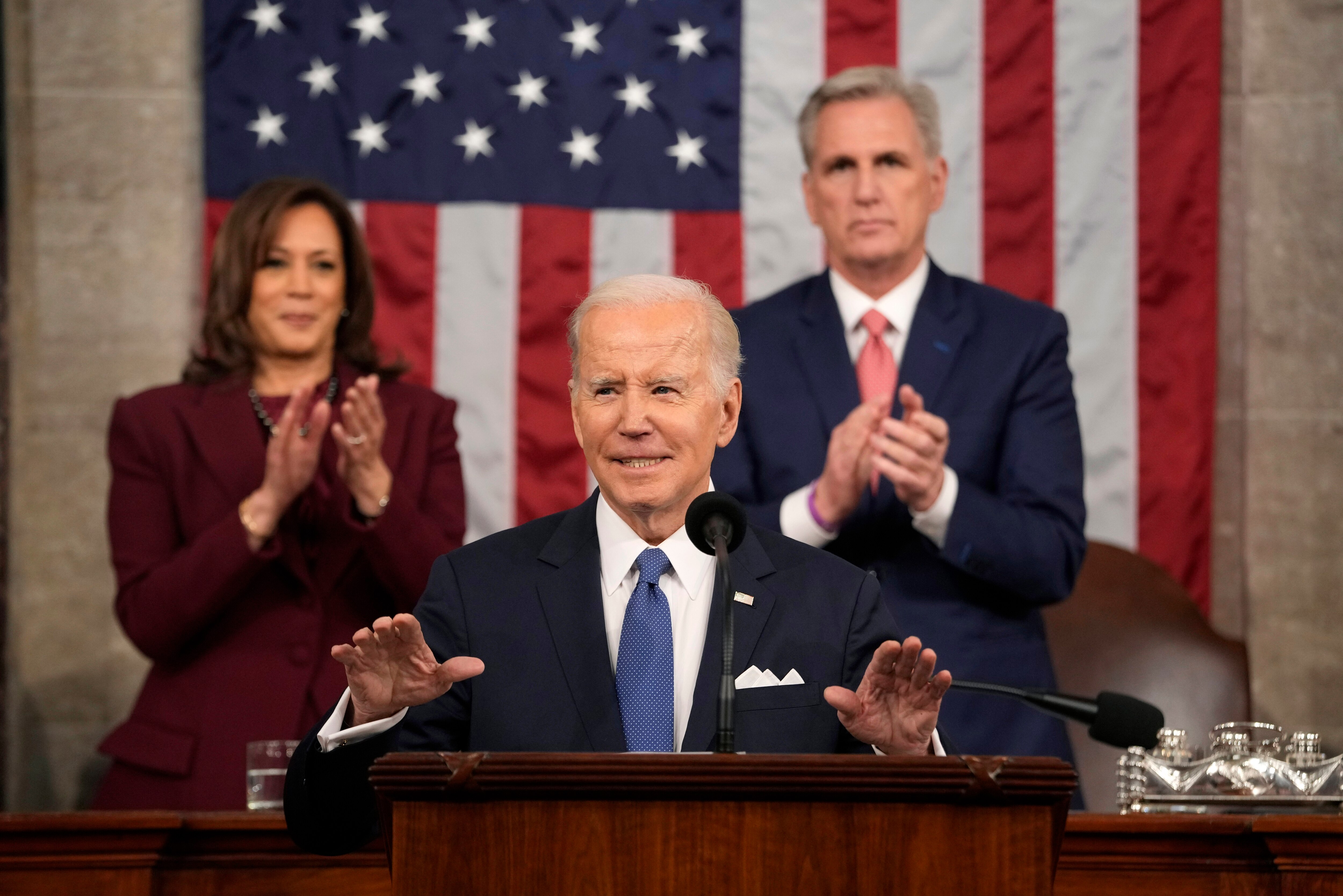 President Joe Biden delivers the State of the Union address to a joint session of Congress at the U.S. Capitol, Tuesday, Feb. 7, 2023, in Washington, as Vice President Kamala Harris and House Speaker Kevin McCarthy of Calif., applaud.