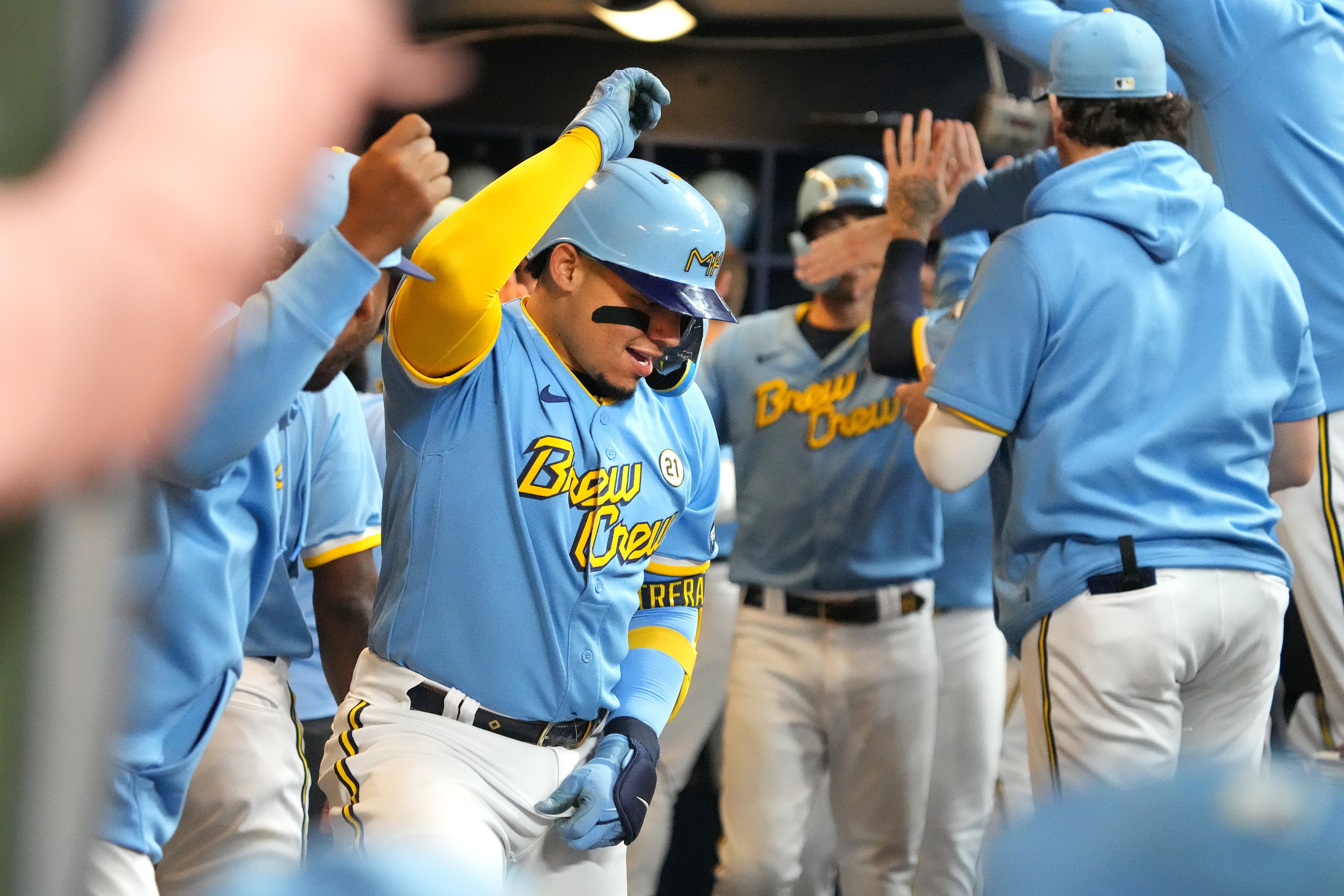 MILWAUKEE, WISCONSIN - SEPTEMBER 15: William Contreras #24 of the Milwaukee Brewers dances in the dugout to celebrate a three-run home run against the Washington Nationals during the fifth inning at American Family Field on September 15, 2023 in Milwaukee, Wisconsin. (Photo by Kayla Wolf/Getty Images)