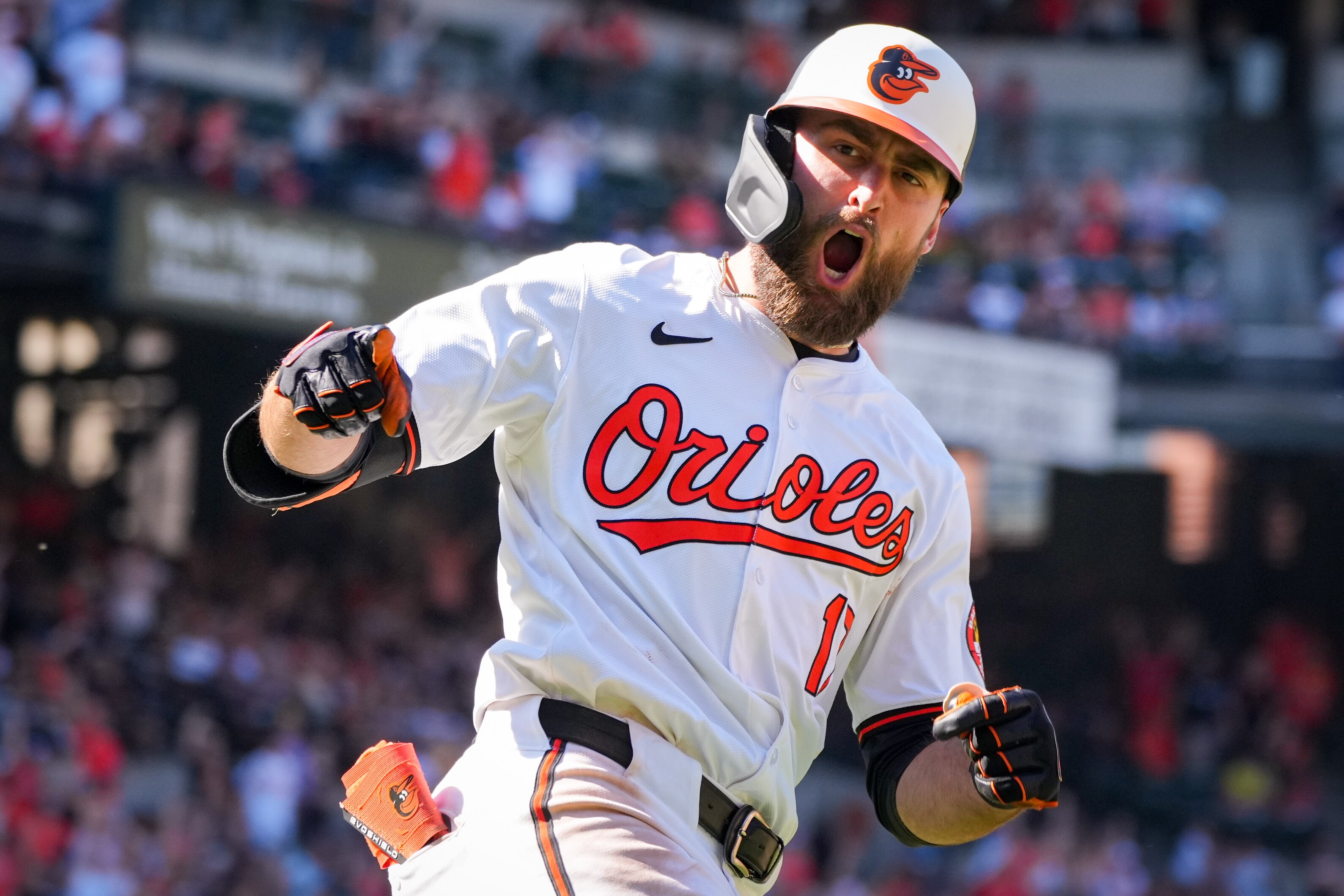 Baltimore Orioles outfielder Colton Cowser (17) points at the dugout and roars after homering against the Milwaukee Brewers. Here are the reasons for Cowser's hot start.