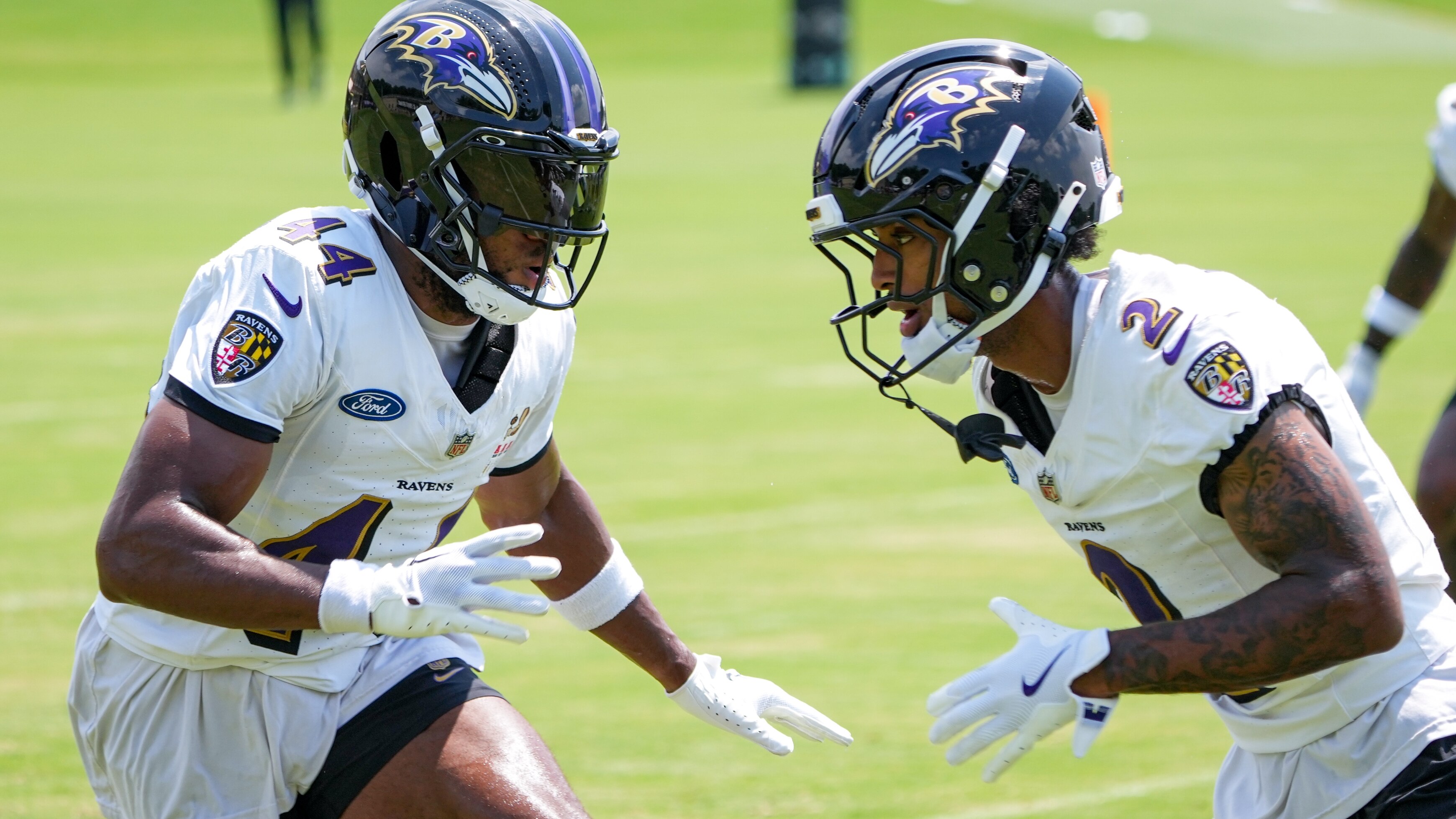 Baltimore Ravens corner back Marlon Humphrey (44) covers Nate Wiggins (2) as they run a drill during the team’s 2024 Training Camp at the Under Armour Performance Center in Owings Mills, Maryland on Tuesday, July 23, 2024.