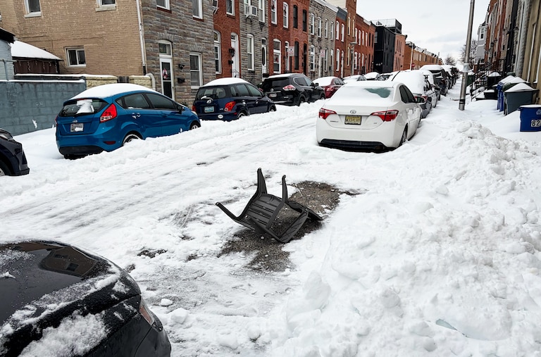As residents dig vehicles out from fortresses of snow Monday morning using shovels, scrapers, brooms and more, some have staked their claim to a hard-earned spot.
In Canton, one lawn chair had been placed in a vacated area.