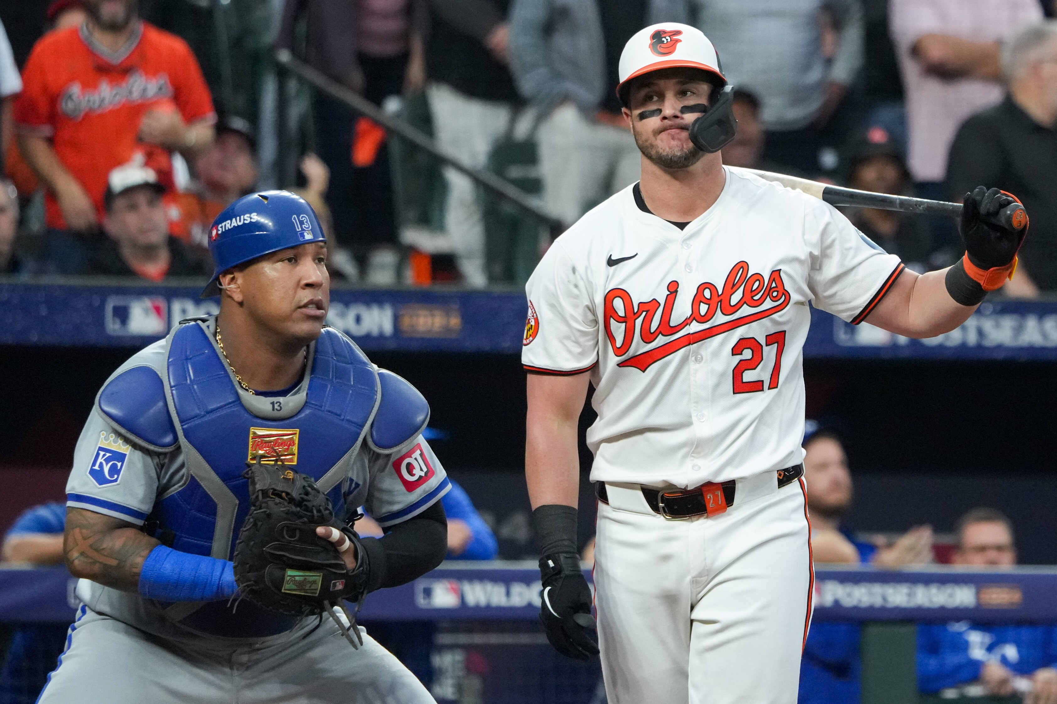James McCann reacts after striking out in Game 1 of the Orioles’ Wild Card Series. They lost, 1-0, to Kansas City, and had half as many hits as they did strikeouts (10).