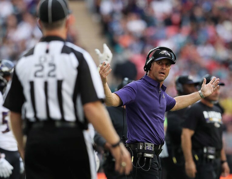 John Harbaugh, head coach of the Baltimore Ravens, shows his frustration toward the down judge during the NFL International Series match between Baltimore Ravens and Jacksonville Jaguars at Wembley Stadium on Sept. 24, 2017 in London, England.