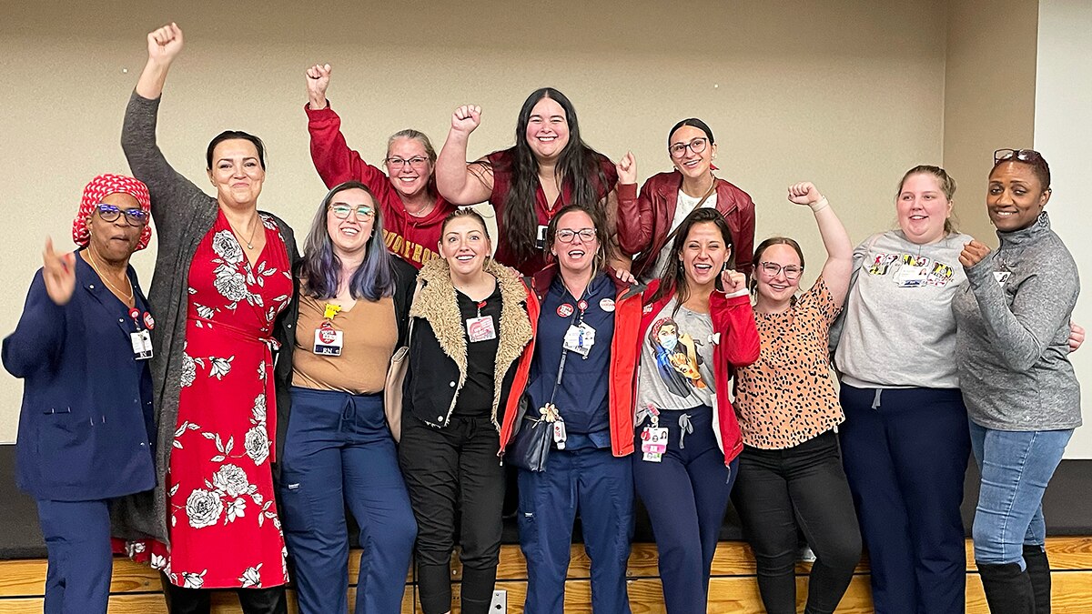 Registered nurses at Ascension Saint Agnes in Baltimore celebrate after winning a union election.