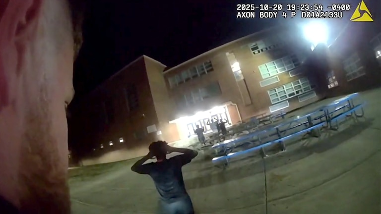 Stills from body camera footage show police confronting a group of students outside Kenwood High School after an A.I.-powered gun detection system mistook a bag of chips for a weapon.