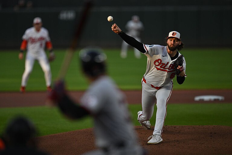 Orioles right-hander Brandon Young pitches in the first inning against the Cleveland Guardians on Tuesday.