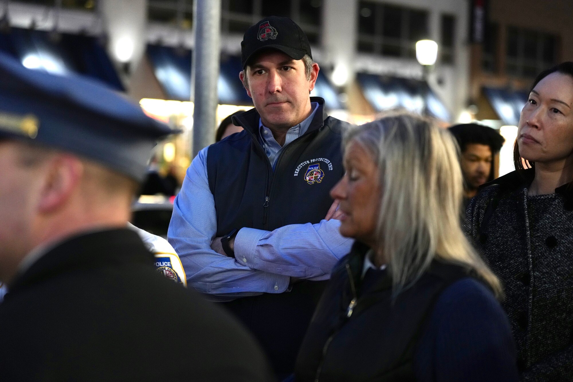 County Executive Johnny Olszewski, BCoPD Chief Dennis Delp, and Towson Chamber of Commerce Executive Director Nancy Hafford hold a press conference with police officials and Towson-area stakeholders before doing a public safety walk down York Road and Allegheny Avenue, visiting businesses along the way on February 22, 2023.
