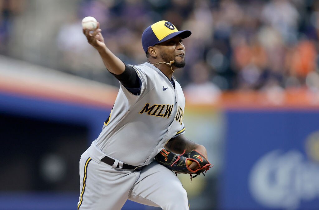 Julio Teheran, #49 of the Milwaukee Brewers, pitches during the first inning against the New York Mets at Citi Field on June 27, 2023 in New York City. (Photo by Jim McIsaac/Getty Images)