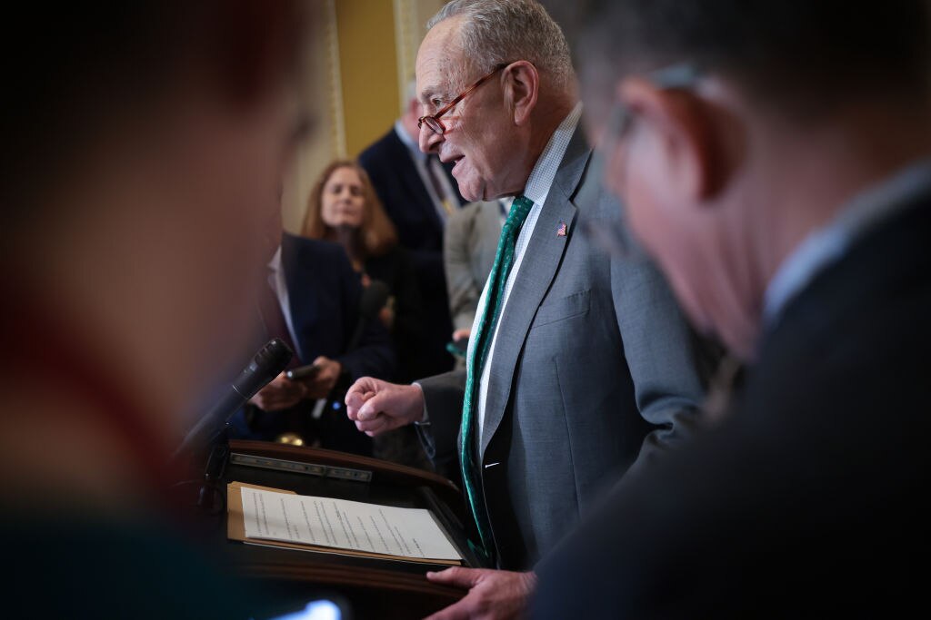 Senate Minority Leader Chuck Schumer (D-NY) speaks during a press conference following a policy luncheon at the U.S. Capitol on March 11, 2025 in Washington, DC.
