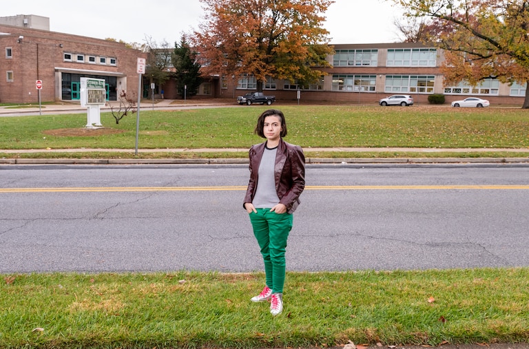 Alexa Sciuto is pictured outside Stemmers Run Middle School in Essex, Maryland, where she is a teacher, on November 10, 2023.