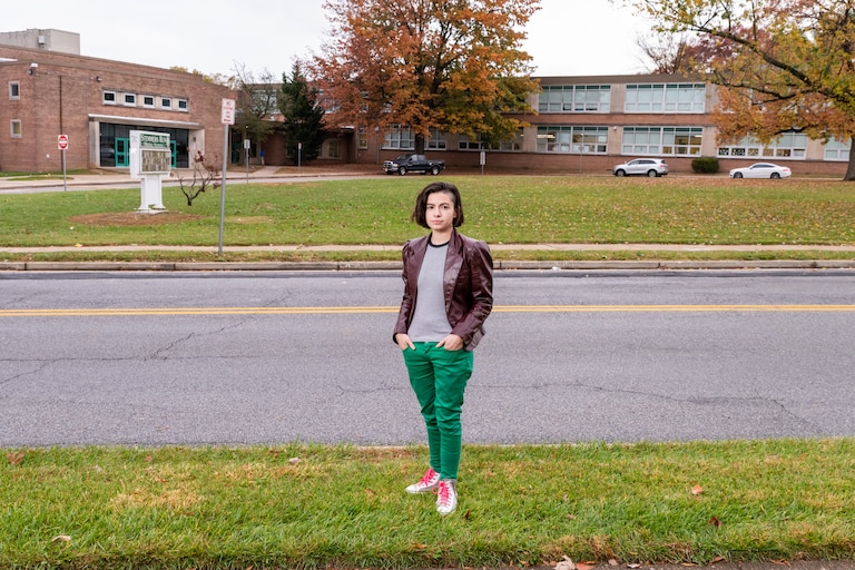Alexa Sciuto is pictured outside Stemmers Run Middle School in Essex, Maryland, where she is a teacher, on November 10, 2023.