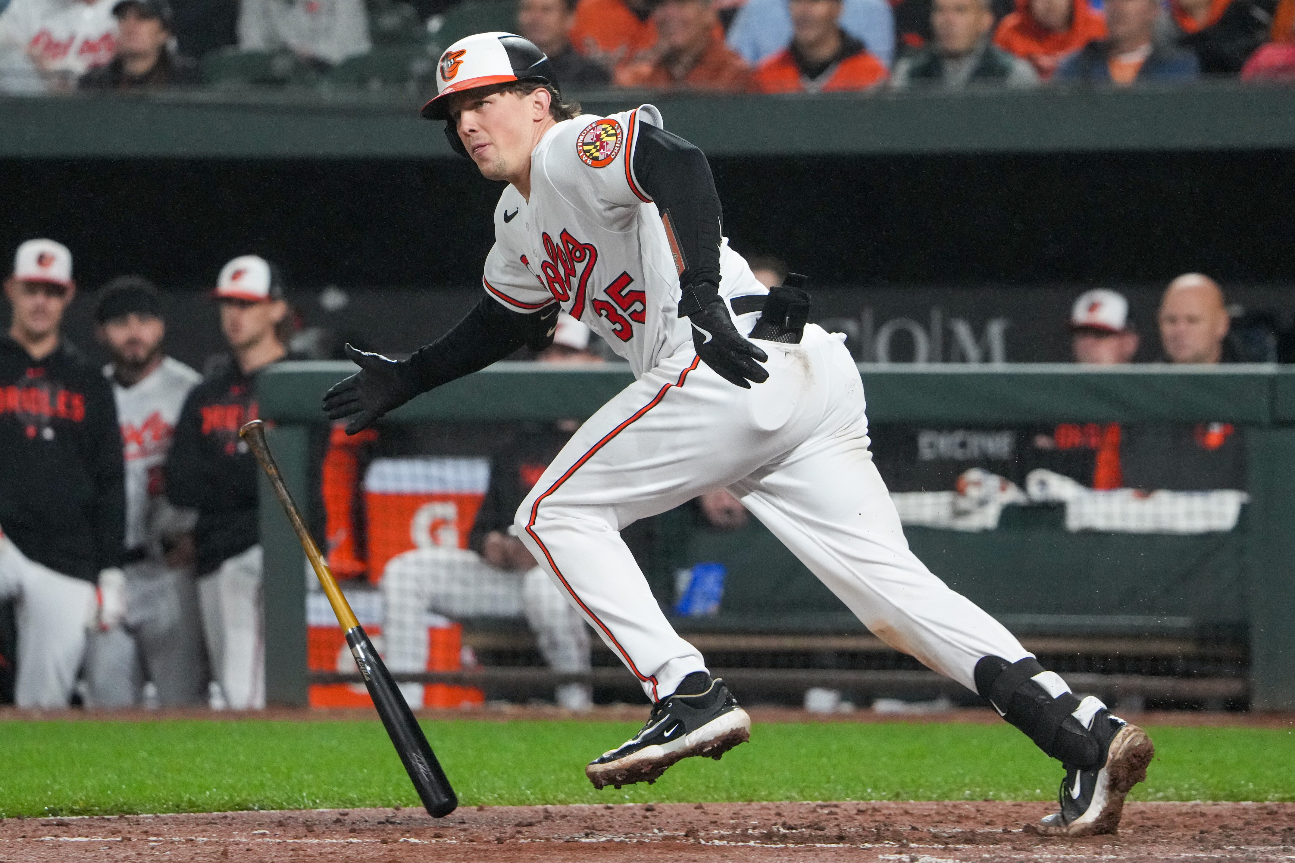 Baltimore Orioles catcher Adley Rutschman (35) connects with a pitch during a baseball game against the Washington Nationals on Tuesday, Sept. 26, 2023.